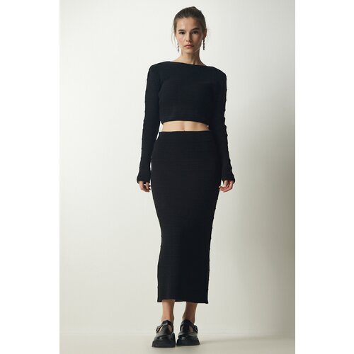 Happiness İstanbul Women's Black Ribbed Crop Knitwear Sweater Skirt Suit Slike
