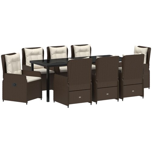 vidaXL 9-dijelni vrtni set za objedovanje Smeđi poli ratan, vrtni stol crni 200x80x73 cm kaljeno staklo Cijene