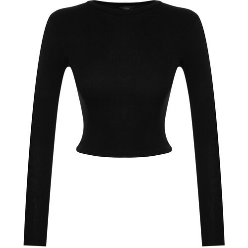Trendyol black premium viscose crew neck crop stretchy knitted blouse Cene