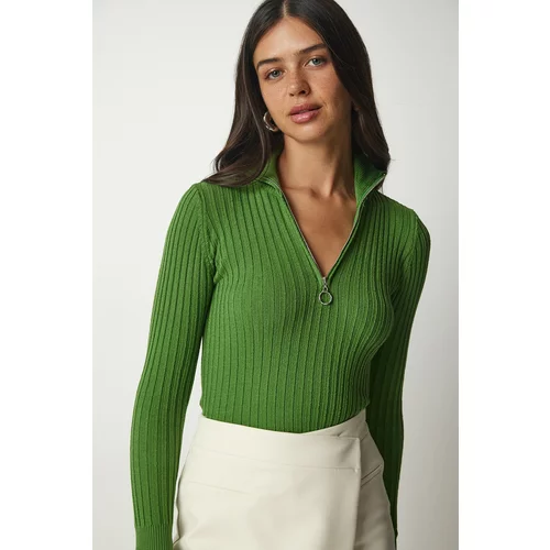 Happiness İstanbul Women's Green Zipper Stand Up Collar Corduroy Knitwear Blouse