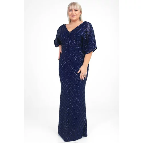 By Saygı Women's Navy Blue Ottoban Stamp Sequin Lined Plus Size Long Evening Dress