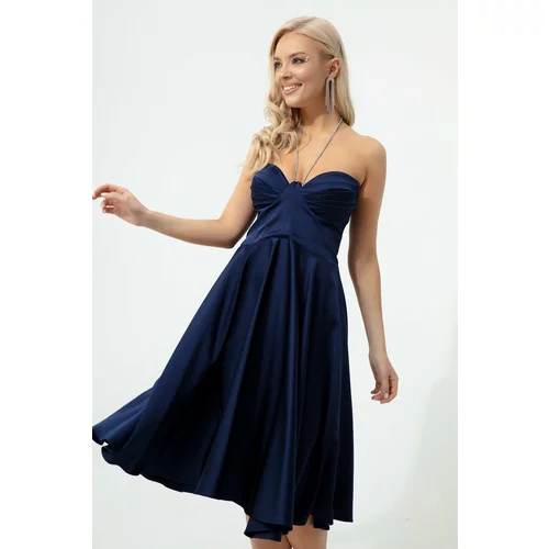 Lafaba Women's Navy Blue Stone Straps, Flare Cut Mini Evening Dress