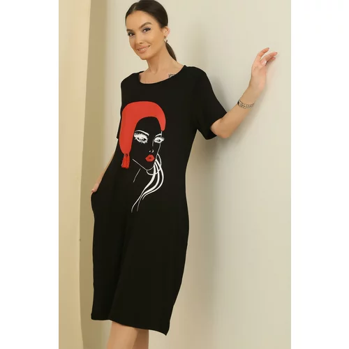 By Saygı Girl Front Printed Pocket Short Sleeve Oversize Round Viscose Dress