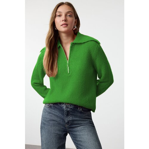 Trendyol Green Wool Wide Pattern Turn-down Collar Zippered Knitwear Sweater Slike