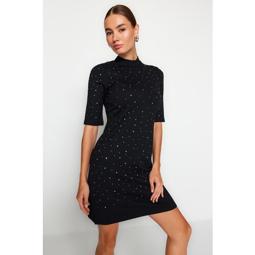 Trendyol Black Stone Detailed Skater/Short Sleeve Mini Knitted Pencil Dress Slike