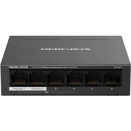 Mercusys MS106LP 6-Port 10/100 Mbps Desktop Switch with 4-Port PoE+, Compatible with 802.3af/at PDs,...