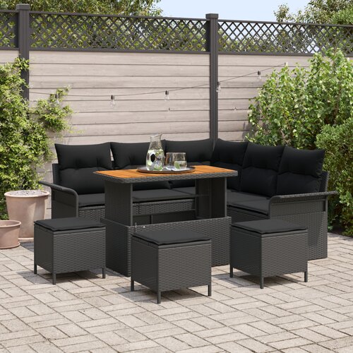 vidaXL 9-dijelni set vrtnih sofa s jastucom Crni poli ratan akacija, sofa za vrt s jastucom za dvoje Crni poli ratan, 4-dijelni set vrtne blagovaonice s jastucom Crni poli ratan akacija Cene