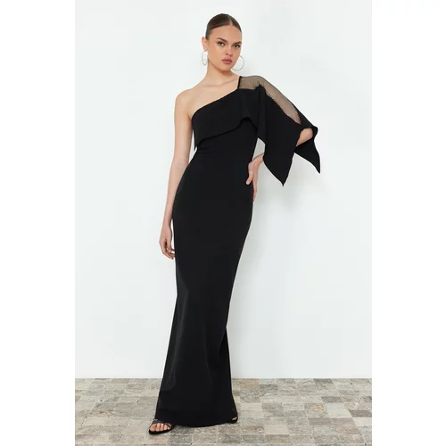 Trendyol Single Sleeve Long Evening Dress with Black Body-Fitting Stone Accessory