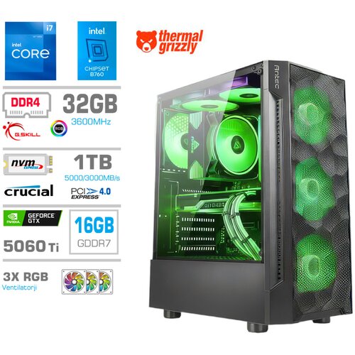 MEGA Računalnik MT S7 i7-12700KF/RTX5060Ti-16GB/32GB/1TB/750W/Brez OS RGB + Estetski napajalni kabli [Zelena / Črna], (5000273652) Cene