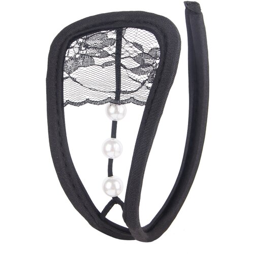 SuperLove Invisible Strapless C String Transparent Floral Lace with Pearls Black Slike