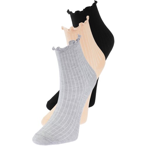 Trendyol 3-Pack Black-Grey-Beige Cotton Elastic Mouth Lettuce Detailed Knitted Socks Slike