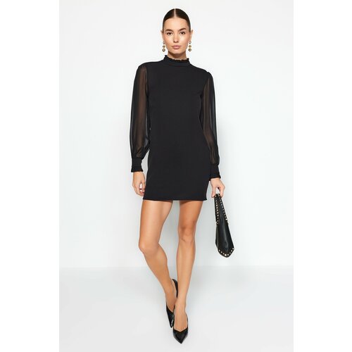 Trendyol Black Straight Cut Sleeves Chiffon Detail Mini Woven Dress Slike