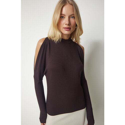 Happiness İstanbul Women's Dark Brown Stand-Up Collar Open-Shoulder Knitwear Blouse Slike