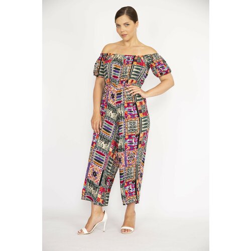 Şans Women's Colorful Plus Size Collar Waist Elastic Detailed Woven Viscose Fabric Colored Jumpsuit Slike