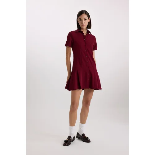 Defacto Polo Neck Basic Plain Short Sleeve Pleated Mini Dress