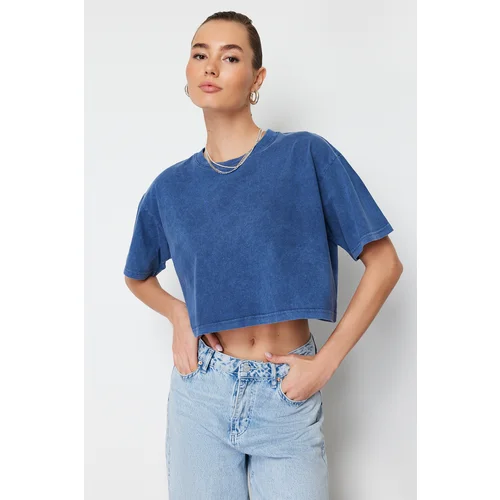 Trendyol Indigo 100% Cotton Faded Effect Back Printed Crop Crew Neck Knitted T-Shirt