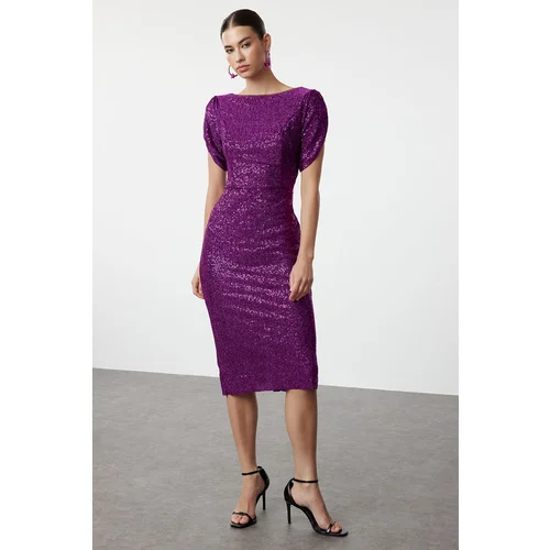 Trendyol Purple Fitted Shiny Knitted Sequin Elegant Evening Dress