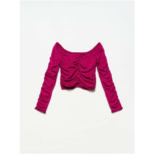 Dilvin 10201 Off Shoulder Gathered Sweater-raspberry Slike