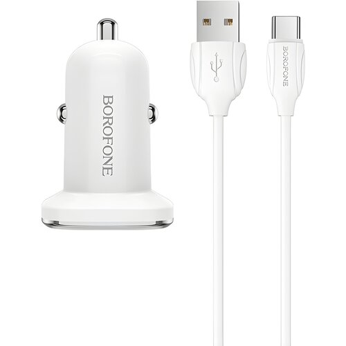 Borofone polnilec za avto s kablom - 2x USB s 2,4A USB C kablom - Bela Slike