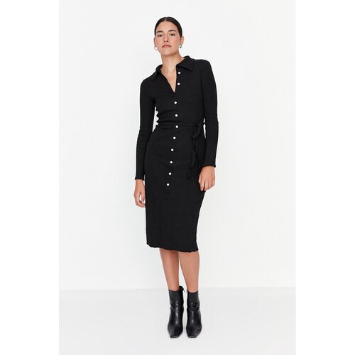 Trendyol Black Ribbed Buttoned Knit Dress Slike