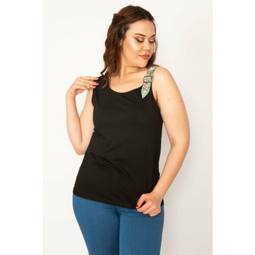 Şans Women's Plus Size Viscose Blouse with Black Straps and Stone Detail Slike