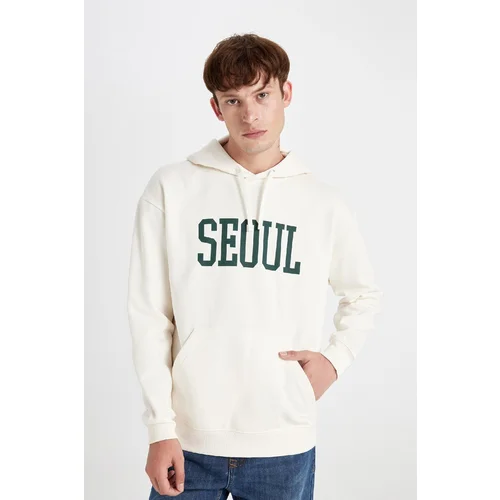 Defacto Men's Ecru Boxy Fit Hooded Slogan Printed Sweatshirt