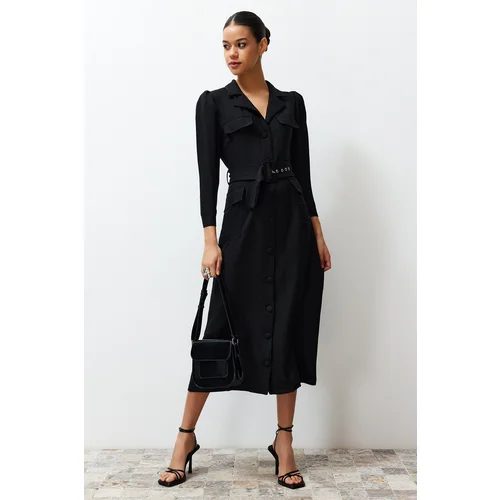 Trendyol Black Belted Linen Look Woven Shirt Dress