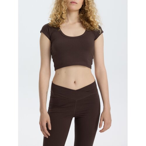 Reserved Crop top s visokim udjelom pamuka - tamnosmeđe Cijene