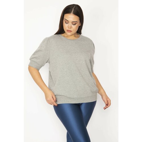 Şans Women's Plus Size Gray Shoulder Gathered Detailed Ribbed Short Sleeve Sweatshirt Slike