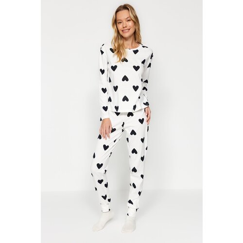 Trendyol Black 100% Cotton Heart Patterned T-shirt-Jogger Knitted Pajamas Set Slike