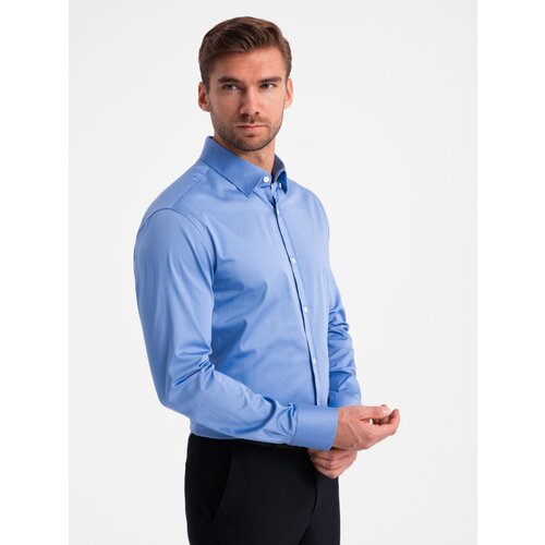 Ombre Classic men's SLIM FIT satin fabric shirt - blue Slike