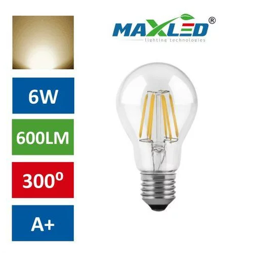 MAX-LED LED žarnica - sijalka E27 6W (50W) fillament toplo bela 3000K
