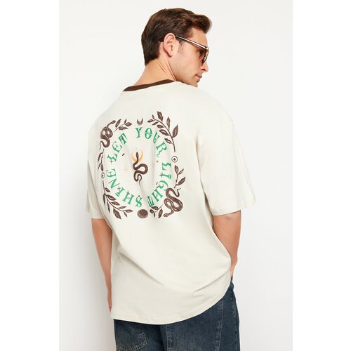 Trendyol Stone Men&amp;#039;s Oversize/Wide-Fit Mystic Printed Contrast Collar Rib 100% Cotton T-Shirt Slike