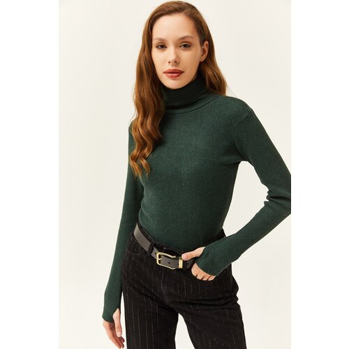 Olalook Women's Emerald Green Turtleneck Finger Detailed Lycra Blouse Slike