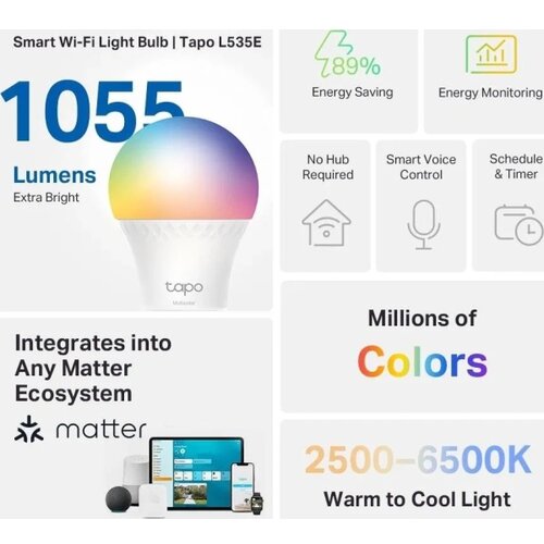 TAPO LED RGBW prigu&amp;scaron;iva sijalica A60 E27/8,6W/230V 2500-6500K Wi-Fi - TP-Link Slike