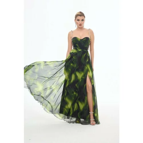 Carmen Green Tied Slit Printed Evening Dress