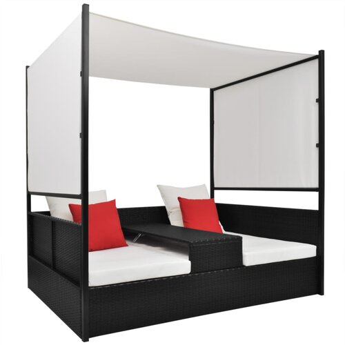 The Living Store Vrtna postelja s streho poli ratan 190x130 cm črna - Dvojna Zunanja Postelja, (21463837) Slike