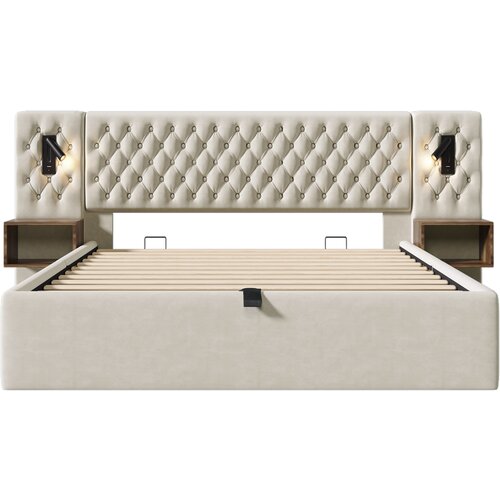 Lumor Oblazinjena postelja 180x200 cm iz žameta, 2 nočni omarici, 2 berilni luči z USB - bež (brez vzmetnice), (22151337) Cene