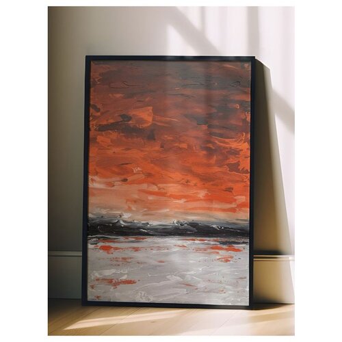 Wallxpert uramljena slika 115217, apstraktni zalazak sunca nad morem u narandžastim tonovima, 50 x 70 cm, crni ram Slike