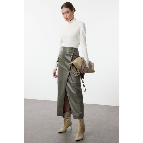 Trendyol Khaki Faux Leather Midi Skirt Slike