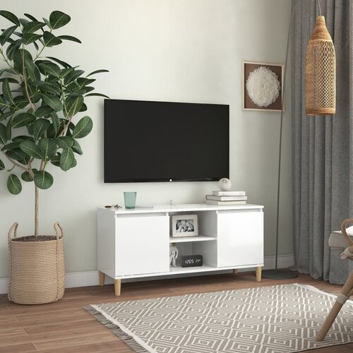 VidaXL TV ormarić s drvenim nogama visoki sjaj bijeli 103,5x35x50 cm Slike