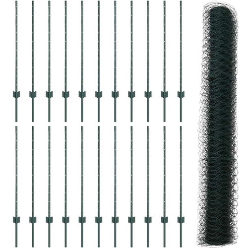 vidaXL Ograjni Stebri 11 kos U-kanal Zelen 100 cm Jeklo, &Scaron;esterokotna Ograja Zelen 1x50 m Jeklo Cene