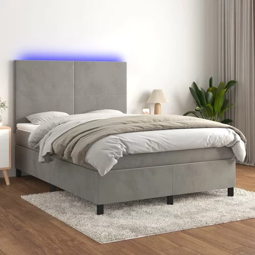 vidaXL Box spring postelja z vzmetnico LED sv. siva 140x190 cm žamet