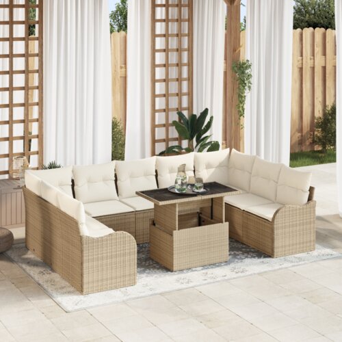 vidaXL 10-dijelni vrtni sofa set s jastučićima Bež Poli ratan, dvosjed vrtni sofa s jastučićima Bež Poli ratan Cene