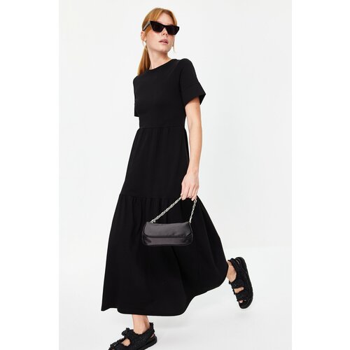 Trendyol Black Gathered Skirt Ruffle Maxi Short Sleeve Crew Neck Knitted Dress Slike