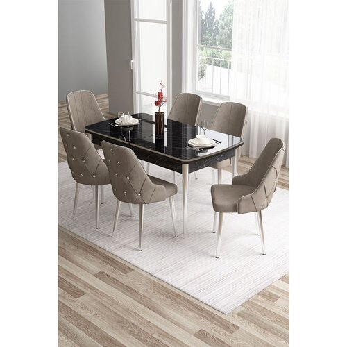 Hanah home trpezarijski set Tia, sto i 6 stolica, ploča u dekoru crnog mermera, hromirane noge, kapućino tkanina Babyface Cene