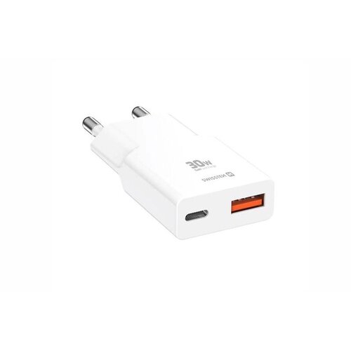 Swissten punjač za AC220, GaN, 30W, SLIM, USB-C + USB-A, Bijeli Slike