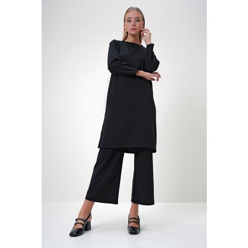 Trend Alaçatı Stili Women's Black Crew Neck Side Slit Long Tunic and Trouser Set Slike