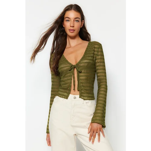 Trendyol Limited Edition Khaki Tie Detail Textured V-Neck Stretchy Knitted Blouse