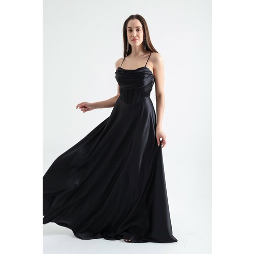 Lafaba Women's Black Thin Strap Back Rope Lacing Detailed Evening Dress Slike